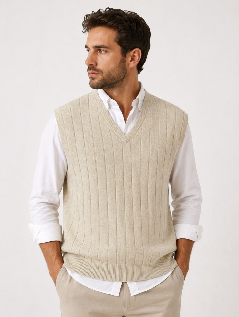 Lands' End Cashemere Men's V-Neck Ribbed Sweater Vest in Light Beige